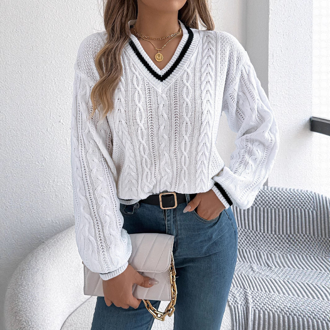 Color-block V Neck Twist Lantern Long Sleeve Sweater