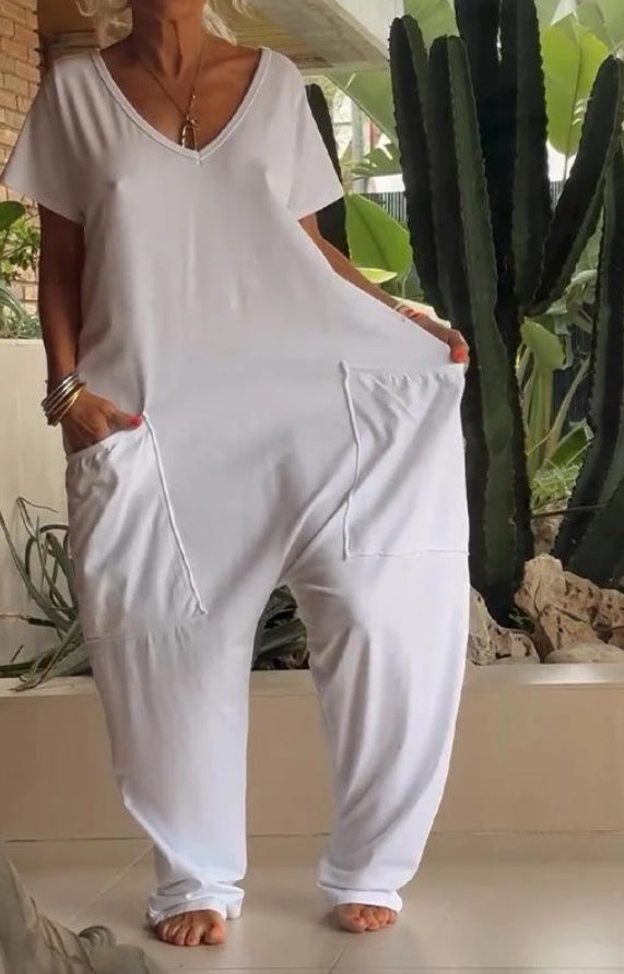 Oversized V-Neck Pocket Jumpsuit Casual Romper