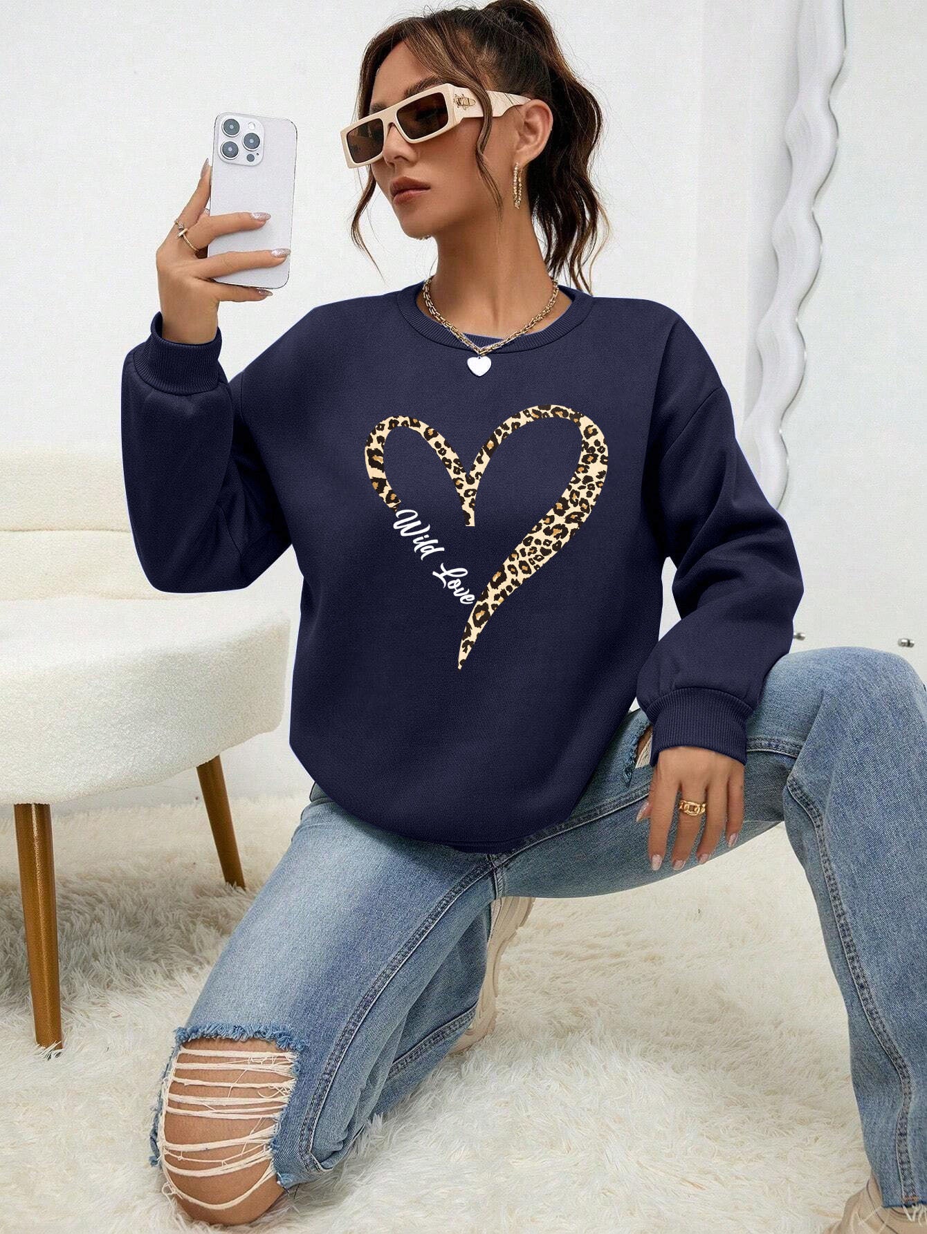 Leopard Wild Heart Print Sweatshirt Set