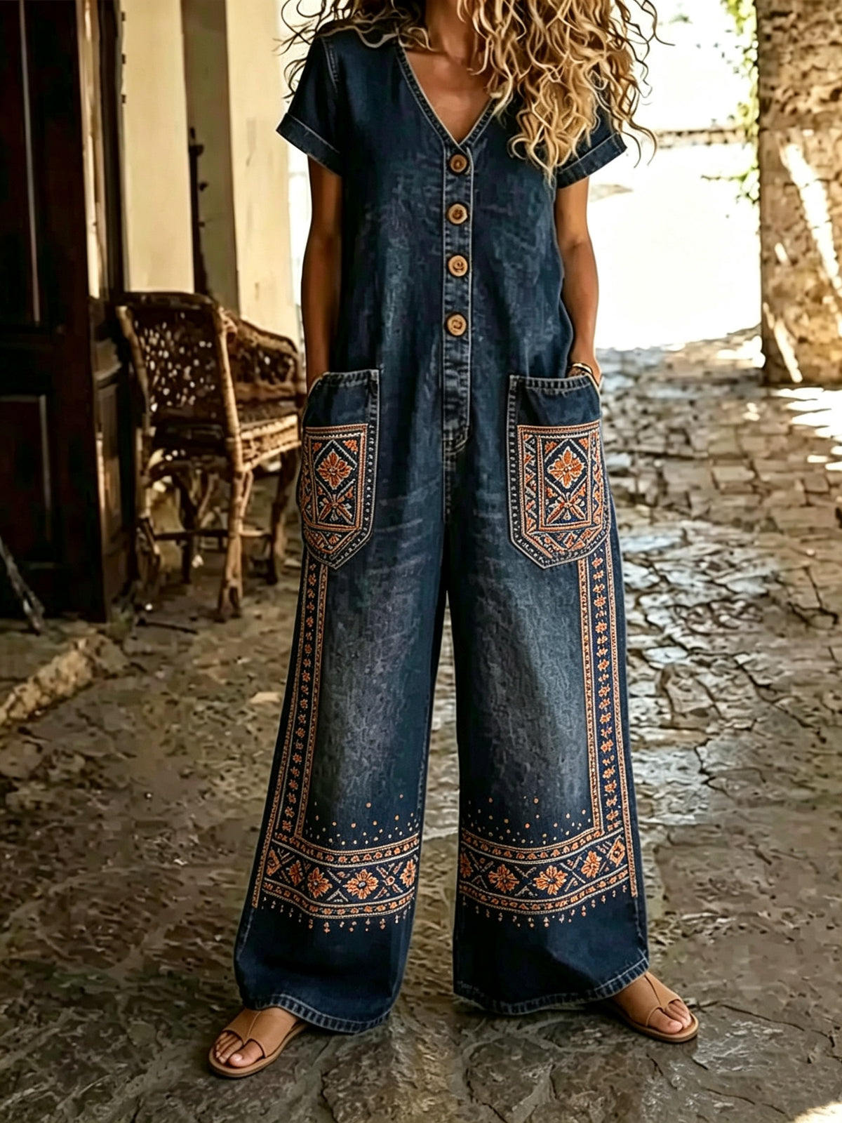 Denim Wide-Leg Short Sleeve Jumpsuit with Pockets
