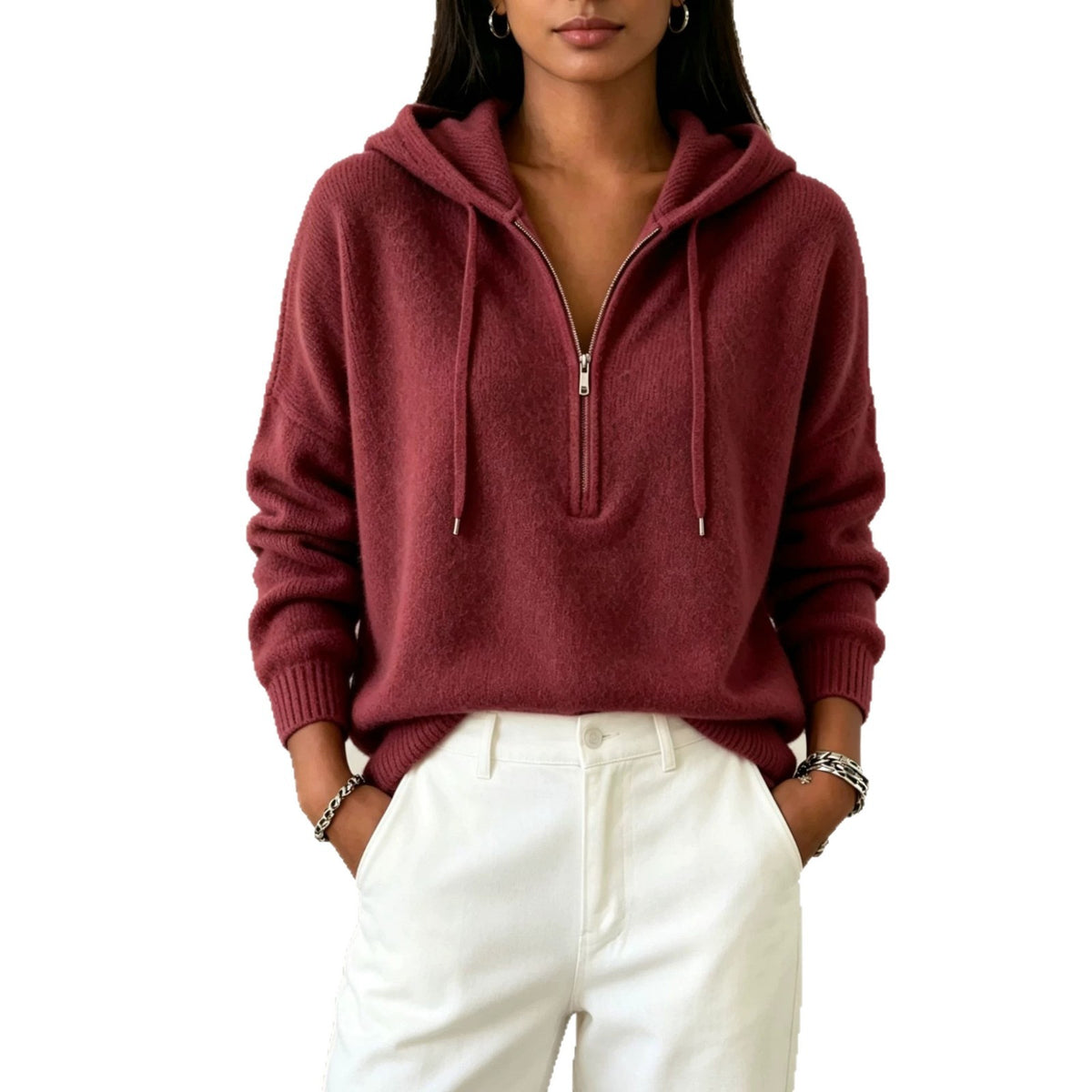 Womens Solid-color Loose-fit Sweater with Drawstring
