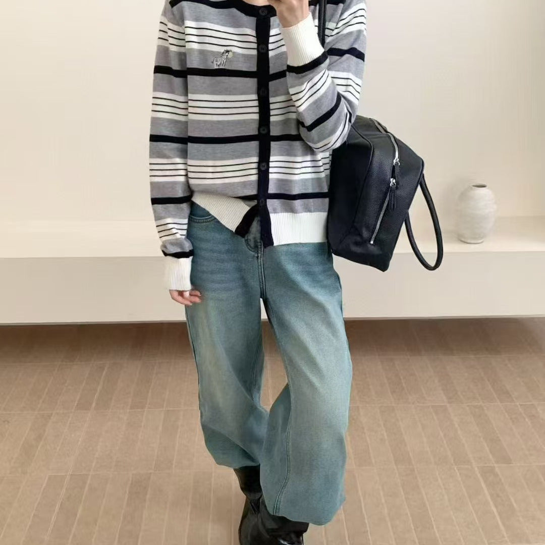 Blue Striped Embroidered Knitted Cardigan for Women