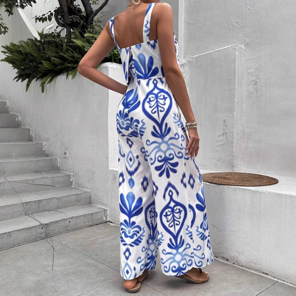 Fashionable Printed Summer Double-Layer Vest Jumpsuit With Loose Trousers