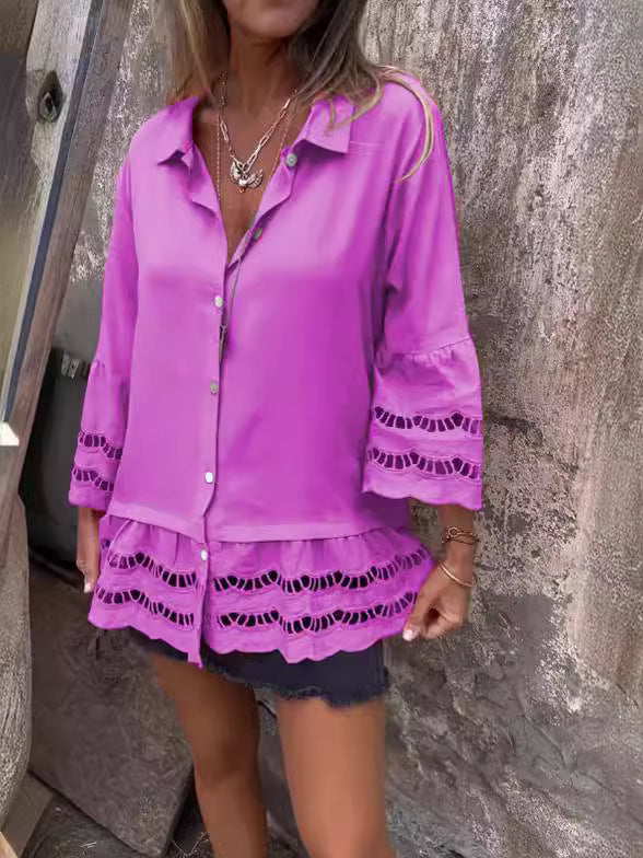 Lapel Long Sleeve Lace Ruffles Lotus Leaf Loose Shirt