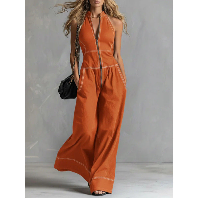 Chic Sleeveless Casual Stand-Up Collar Loose Jumpsuit