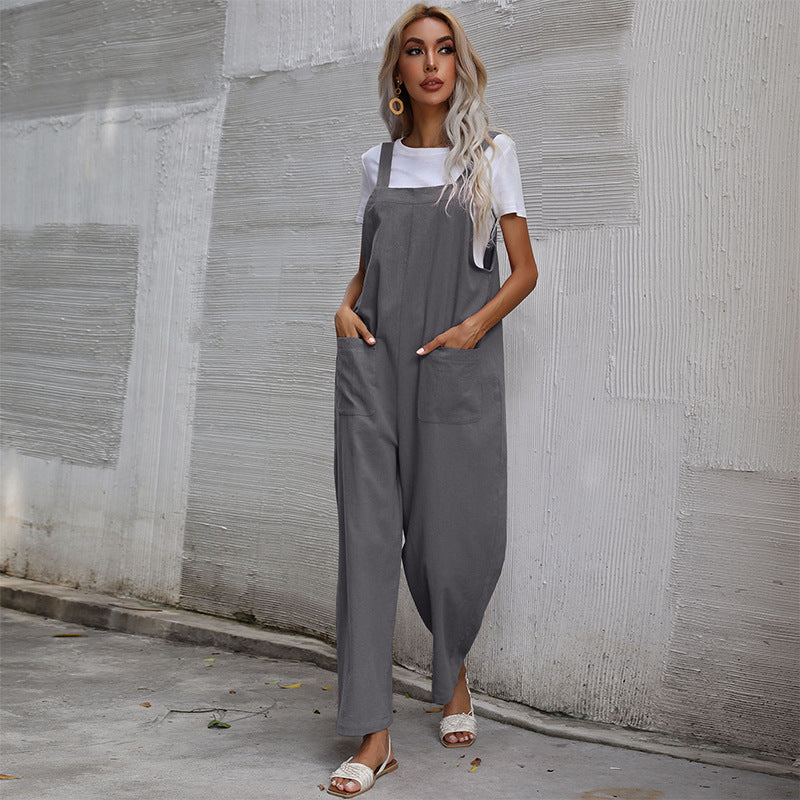 European And American Style Casual Simple Pocketed Sleeveless Suspender Jumpsuit