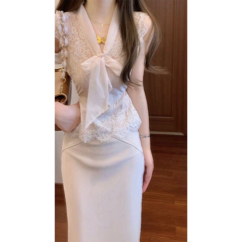 Elegant Beaded Sleeveless Blouse & Sheath Skirt Set