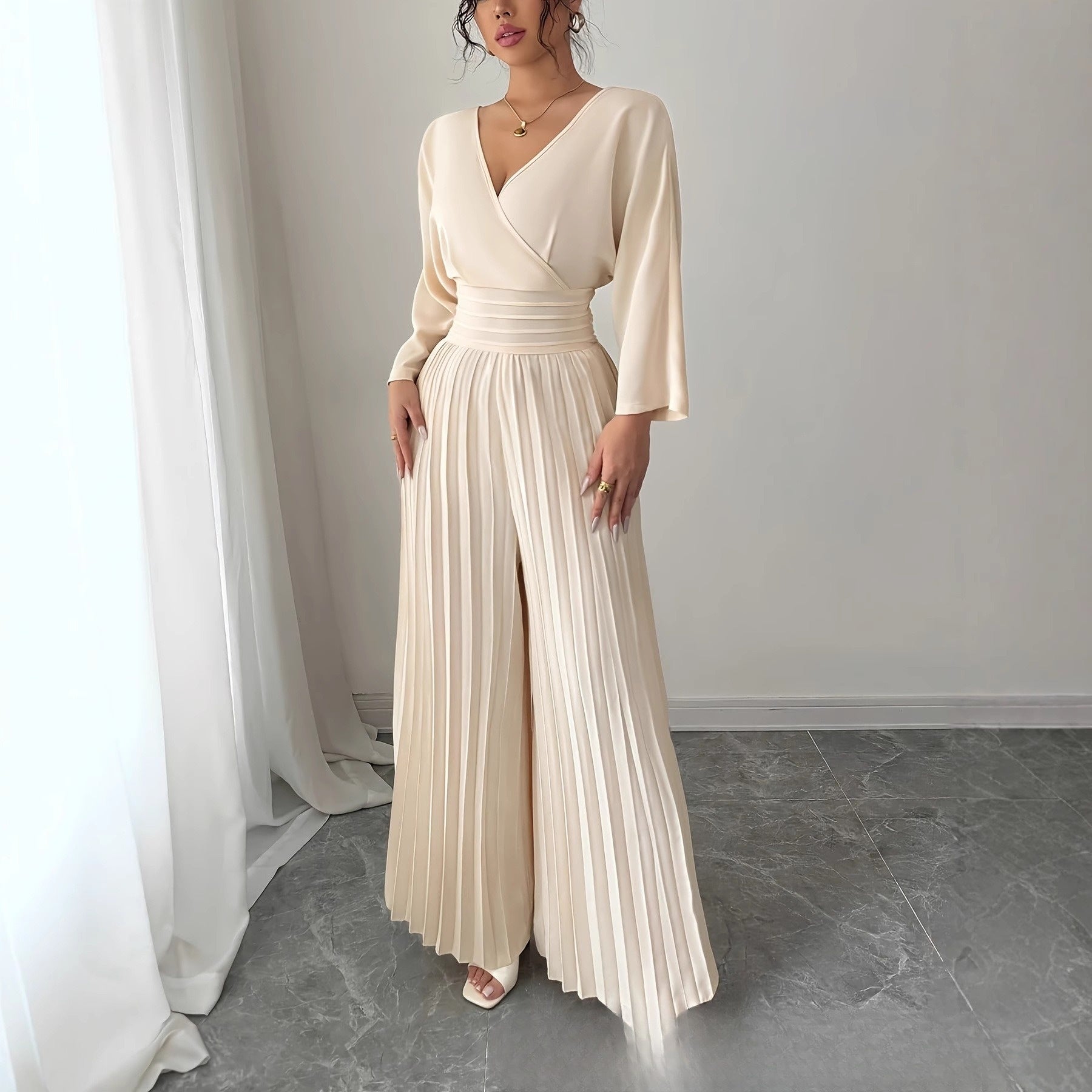 Elegant V-Neck High-Waist Pleated Jumpsuit