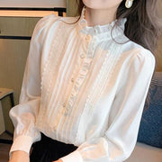 Womens Sophisticated Ruffle-Trim Long-Sleeve Stand-Collar Shirt