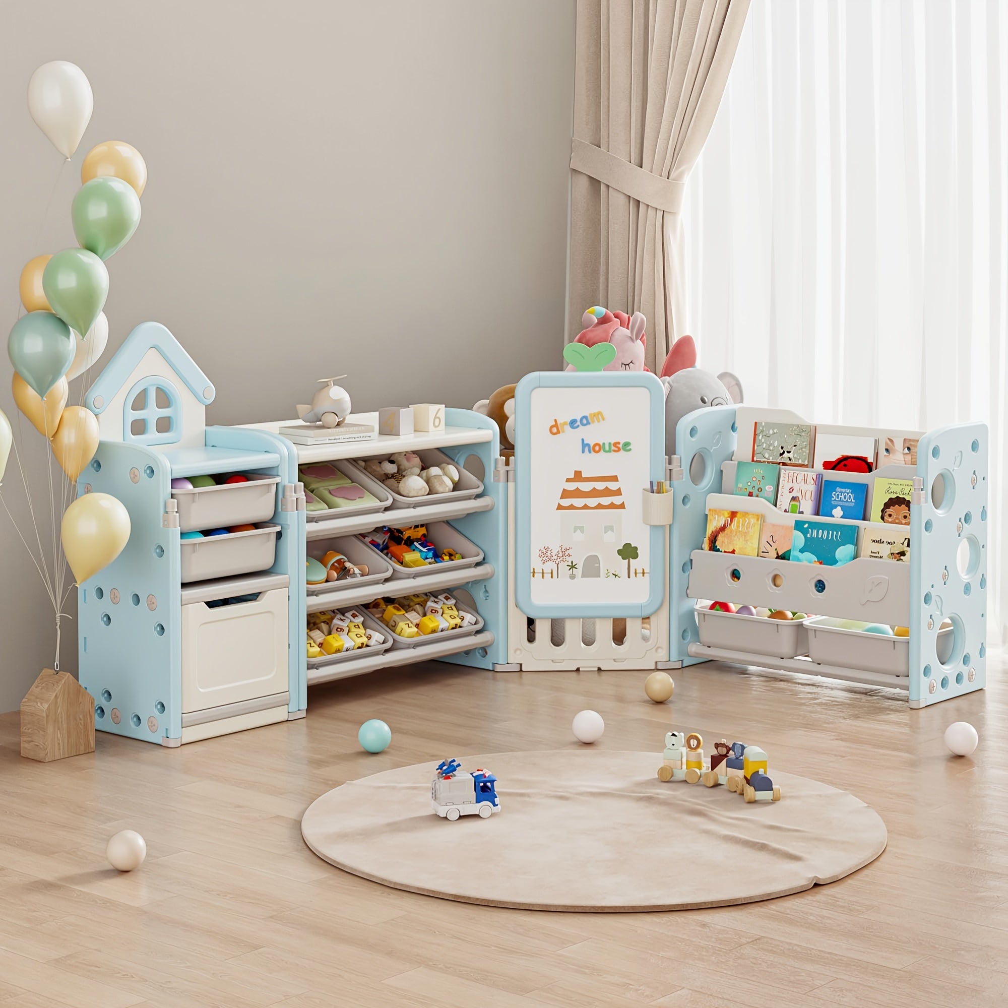 Multi-Function Storage Organizer with 10 Detachable Bins, 3‑Tier Bookshelf and Drawing Board