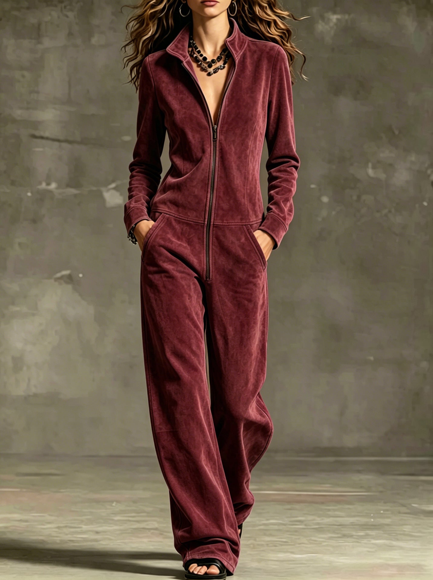 Women's Velvet Wide-Leg Jumpsuit with Pockets