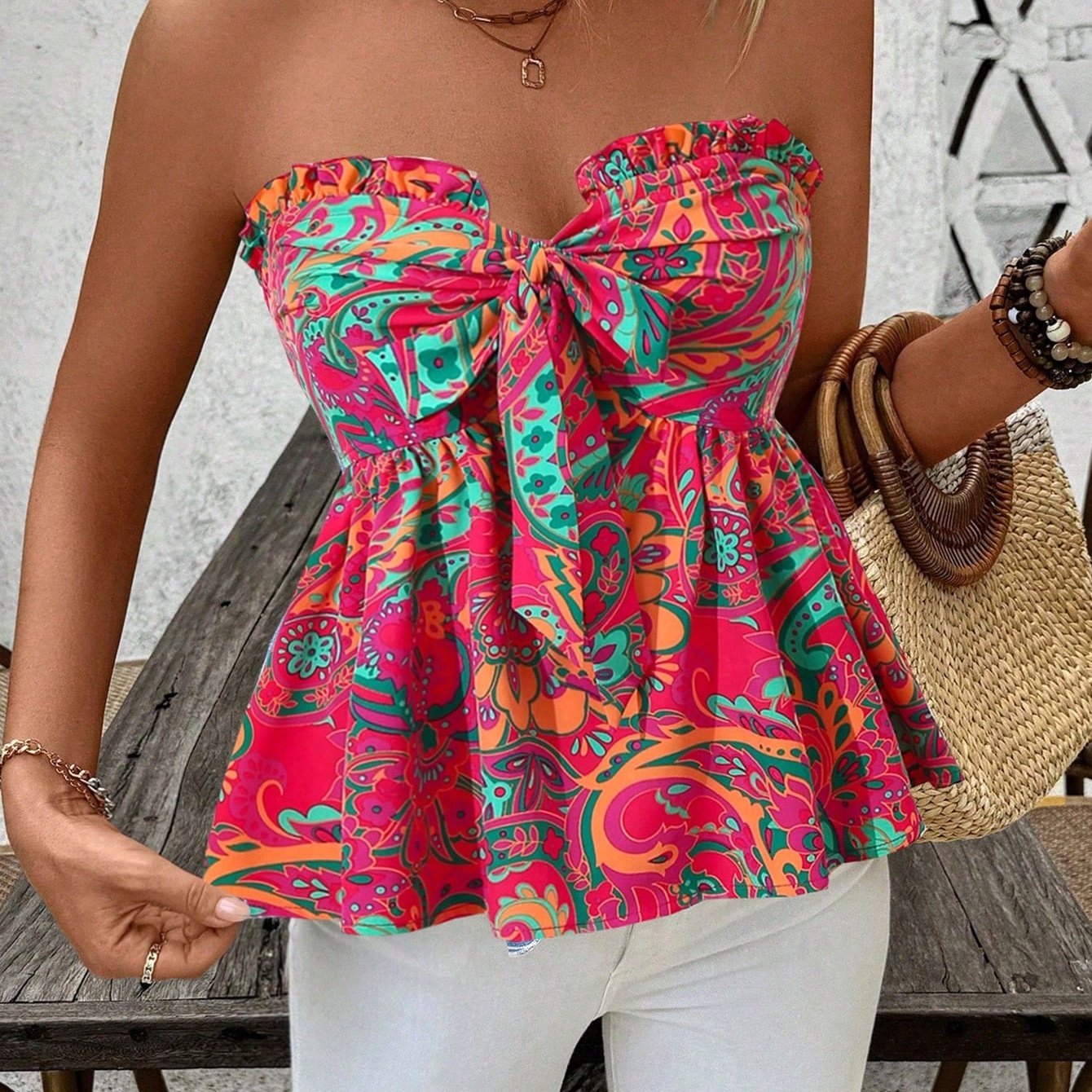 Vacation-Ready Floral Top with Cinched Waist