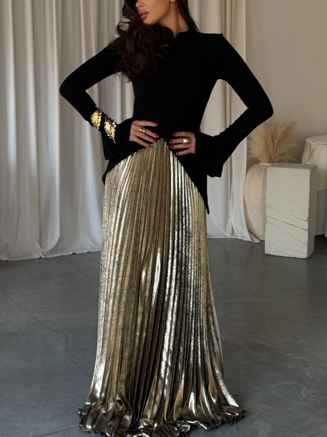 Chic Bell Sleeve Top & Pleated Skirt Set