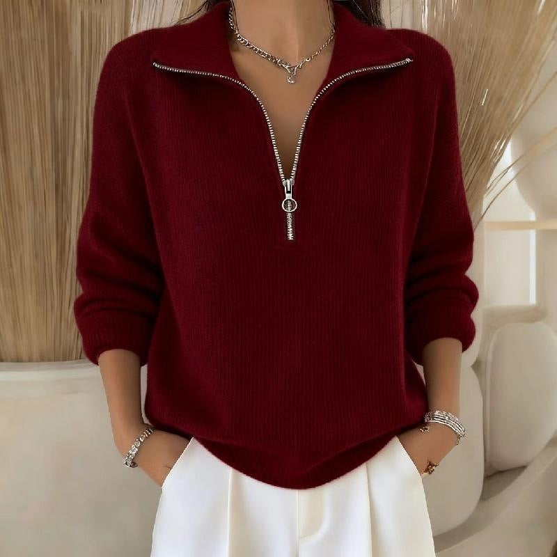 Womens Slimming Casual Fashionable, Versatile Knitted Sweater with a Zippered Lapel