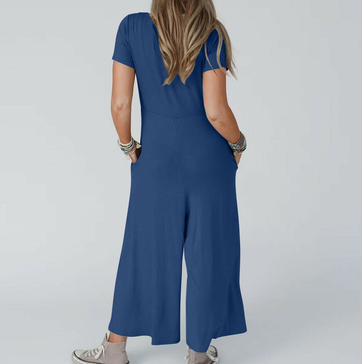 Women's Casual Slim-Fit Short-Sleeve Jumpsuit with Pockets