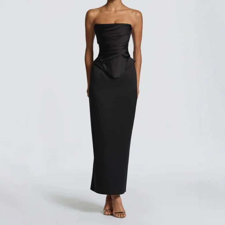 Tube Top Pleated Slimming Dress with a Back Slit