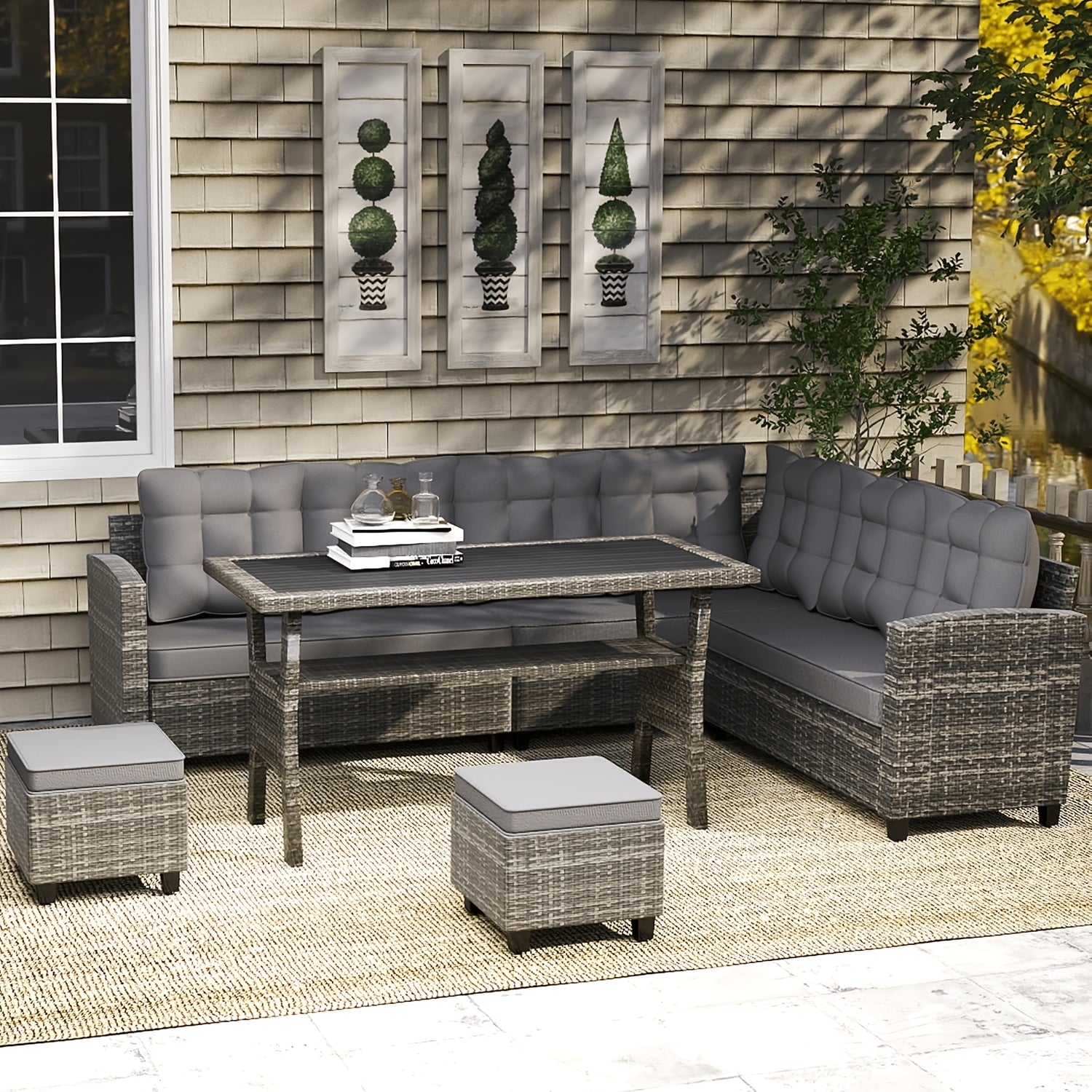 6pcs Modular Outdoor Patio Furniture Set with Foam Cushions & PE Wicker Frame - All-Weather Sectional Sofa, Dining Table, Chairs & Ottoman Suitable for Backyard, Garden, Balcony, Deck - -Shaped or Straight Configurations