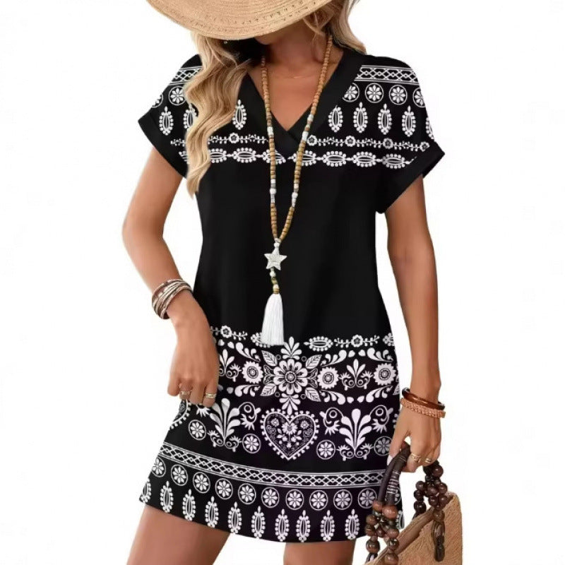 European and American-style Fashionable Printed Loose-fit V-neck Short-sleeve Dress