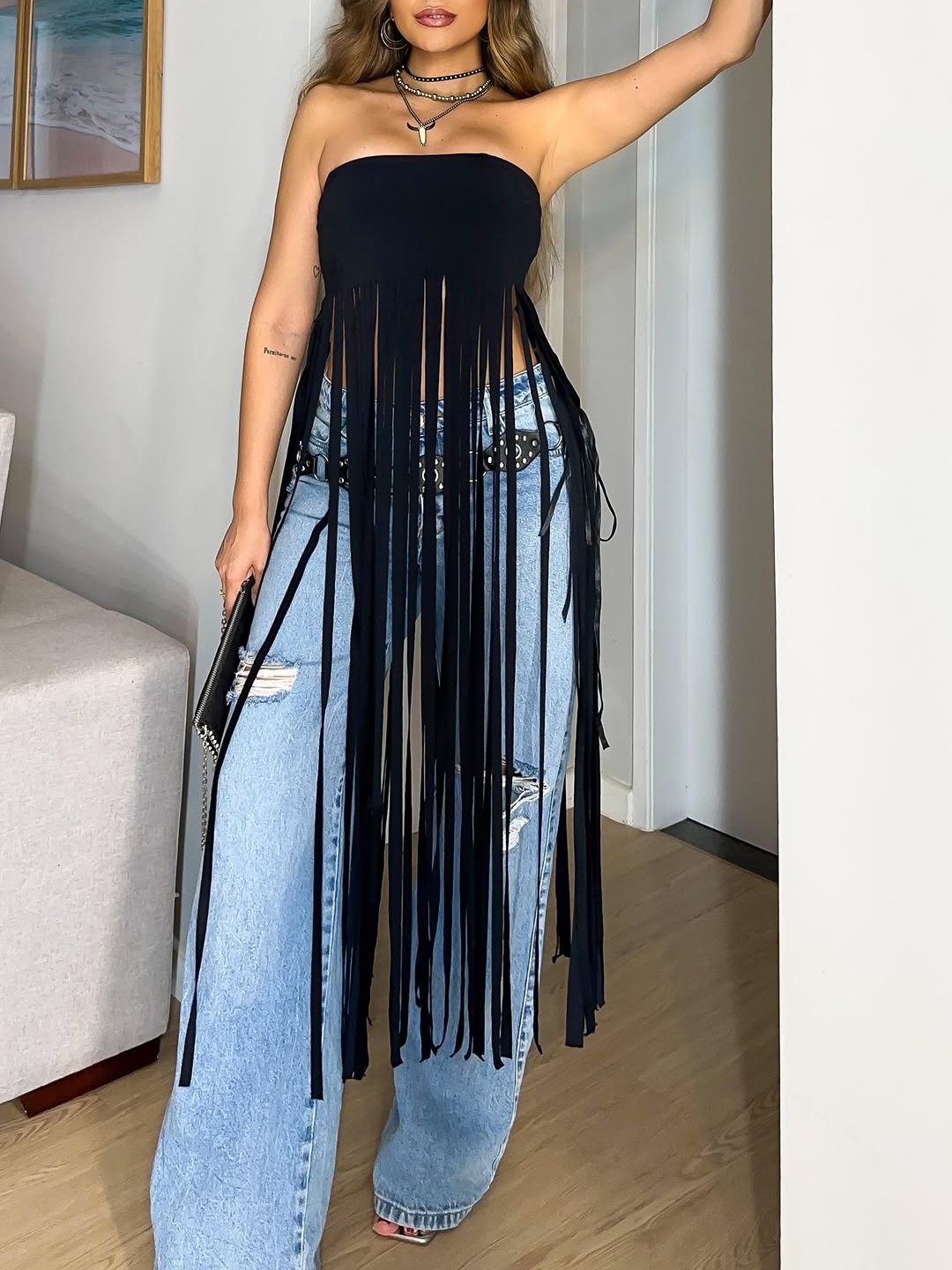 Sexy Black Fringe Bandeau Top