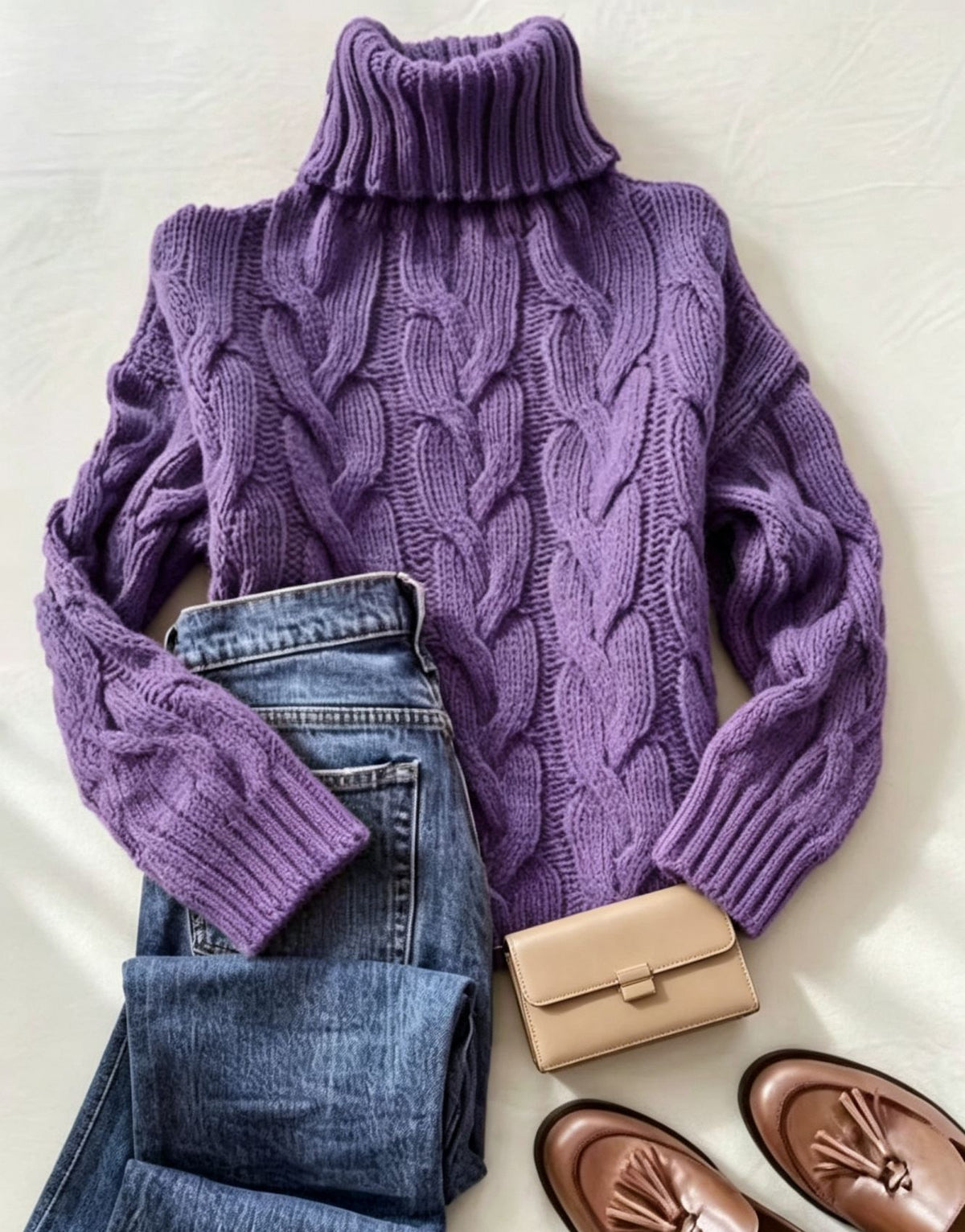 Comfortable Turtleneck Long-sleeve Sweater with a Cable-knit Pattern