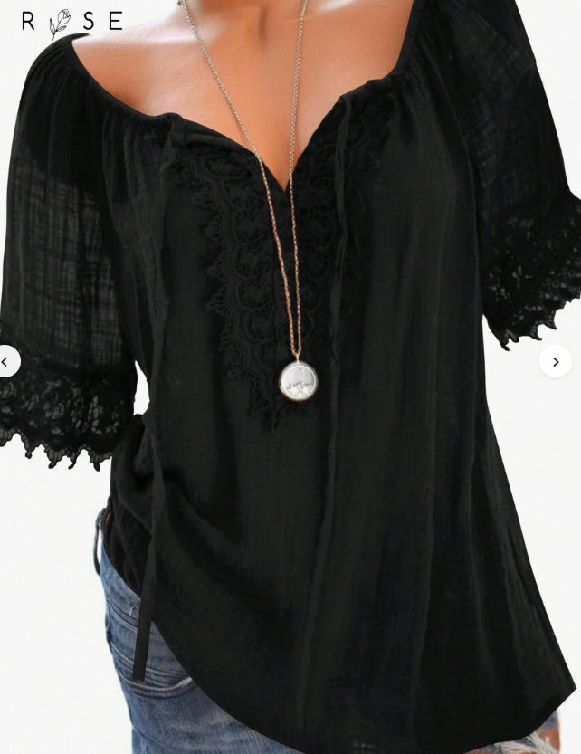 Women's Solid Color Contrast Lace Short Sleeve Casual Shirt