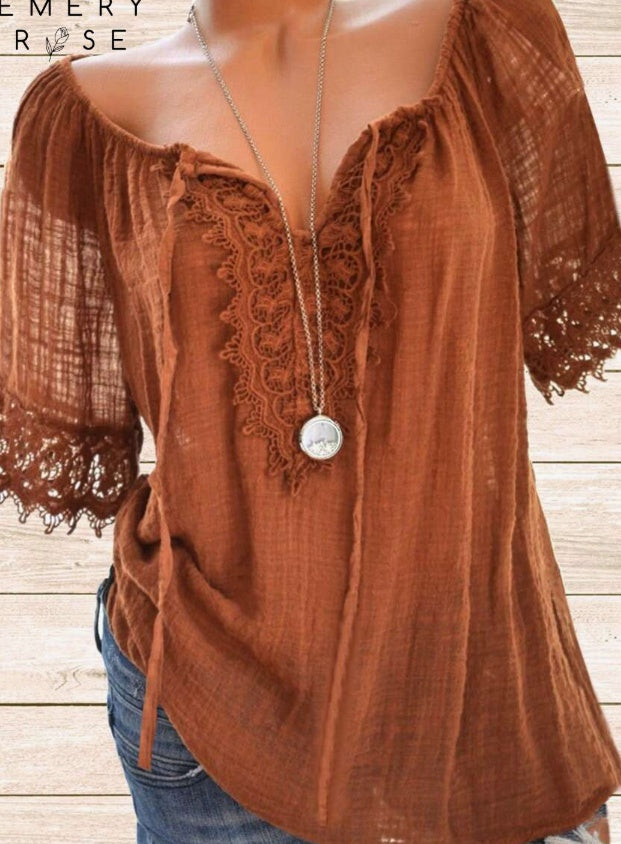 Women's Solid Color Contrast Lace Short Sleeve Casual Shirt