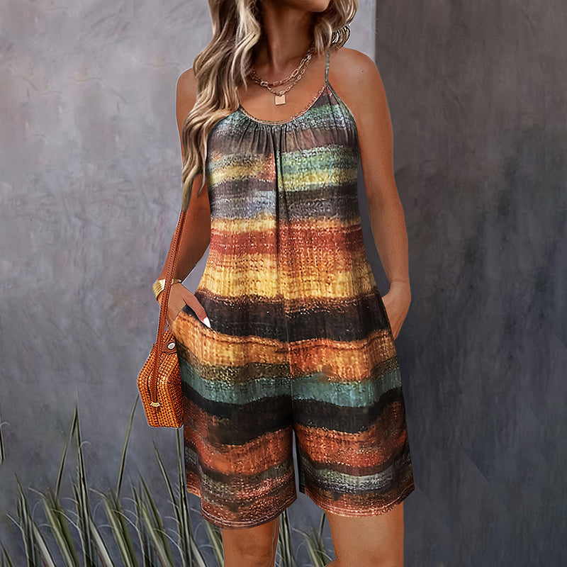 Women's Summer Casual Print Sleeveless Romper with Pockets