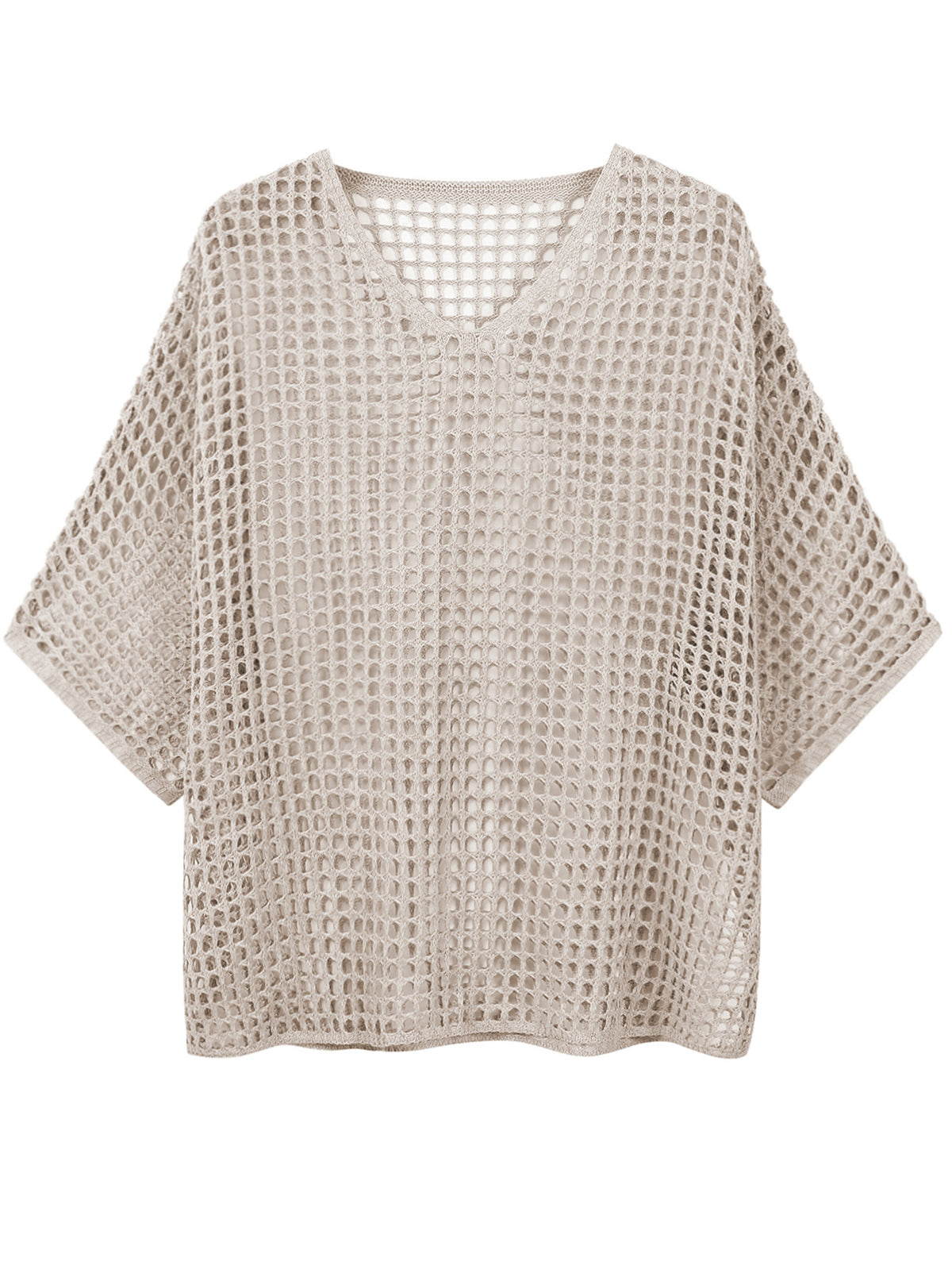 V Neck Hollow Out Knit Tunic Top Batwing Half Sleeve Loose Mesh Cover Up