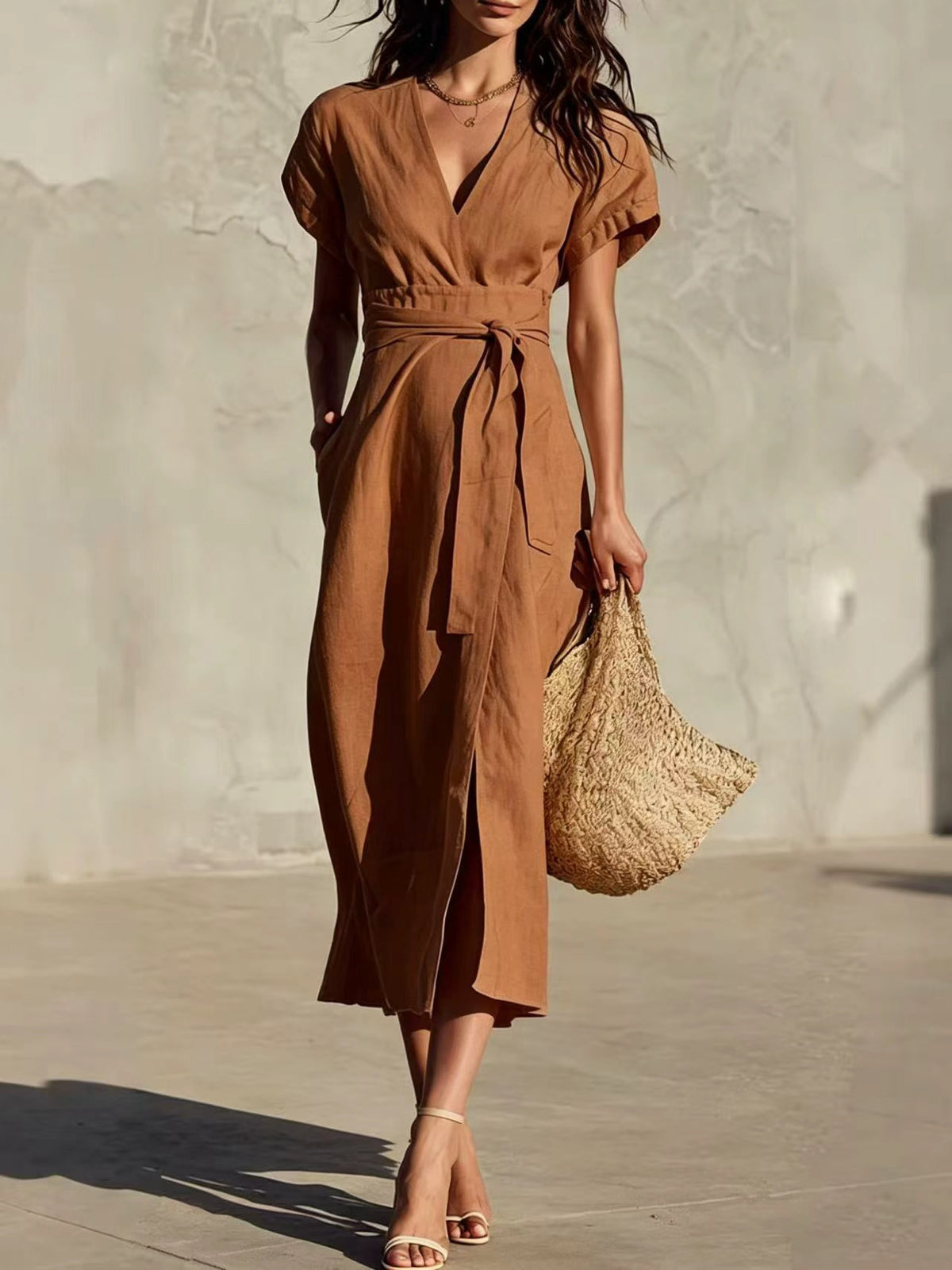 Casual Minimalist Solid-color V-neck Midi Dress with Pockets and Lacing