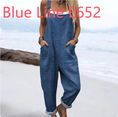 Women's Vintage Print Sleeveless Loose Casual Jumpsuit