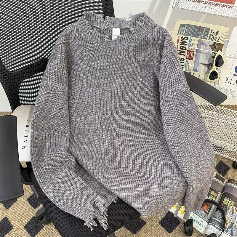 Autumn and Winter Ripped Pullover Round Neck Loose Knit Sweater