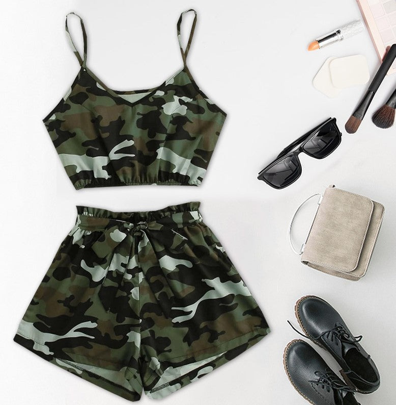 Sexy High Waist Two-piece Suit Camouflage Jumpsuit