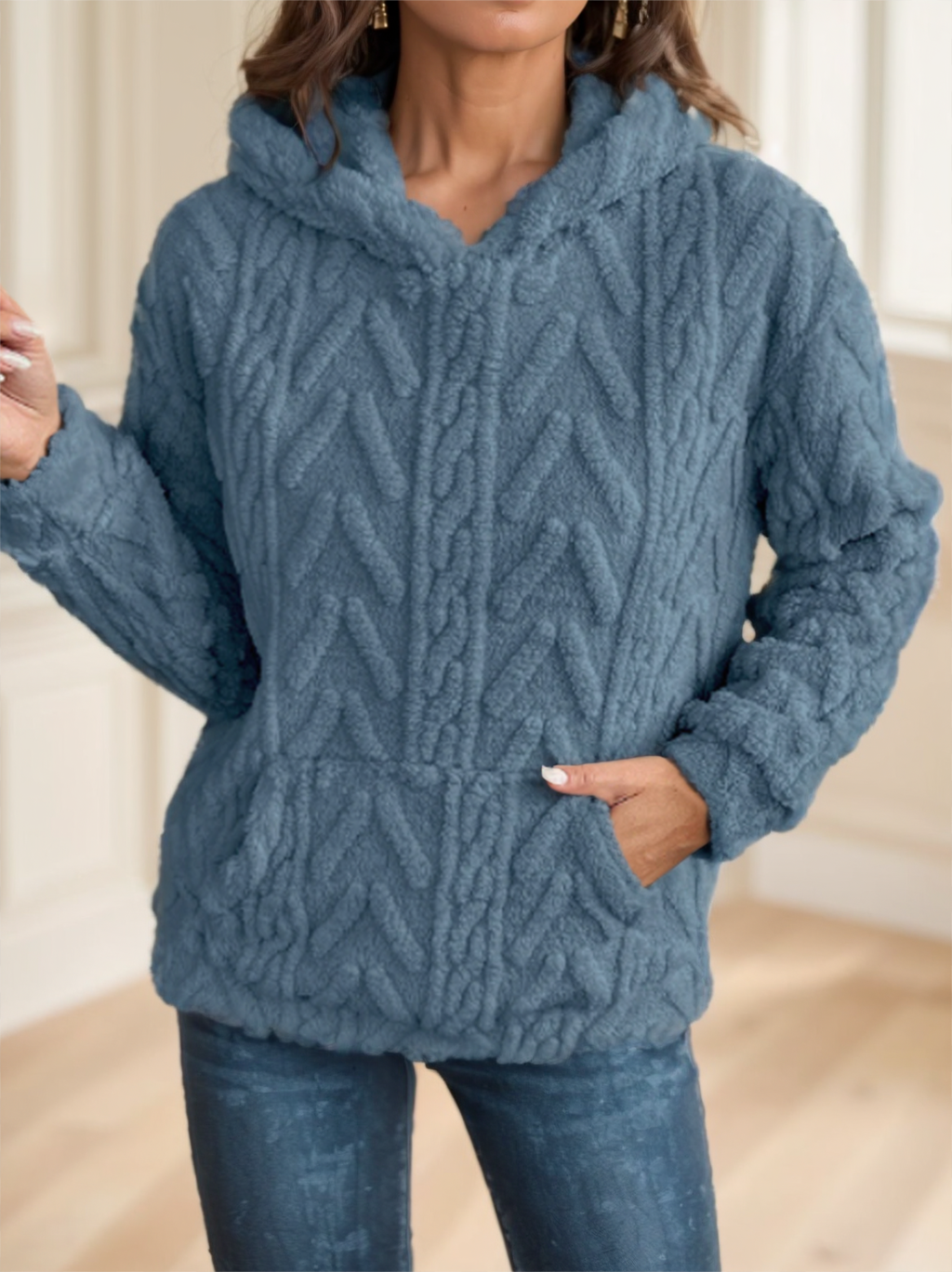 Textured Hoodie with Kangaroo Pocket for Women
