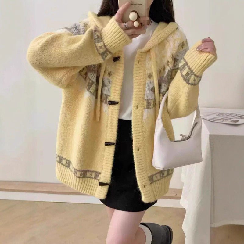 Loose and Lazy Style Horn Button Knitted Cardigan