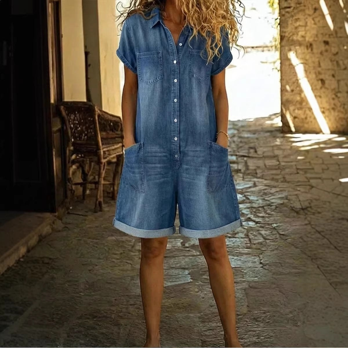 Washed Denim Short-Sleeve Pocket Jumpsuit