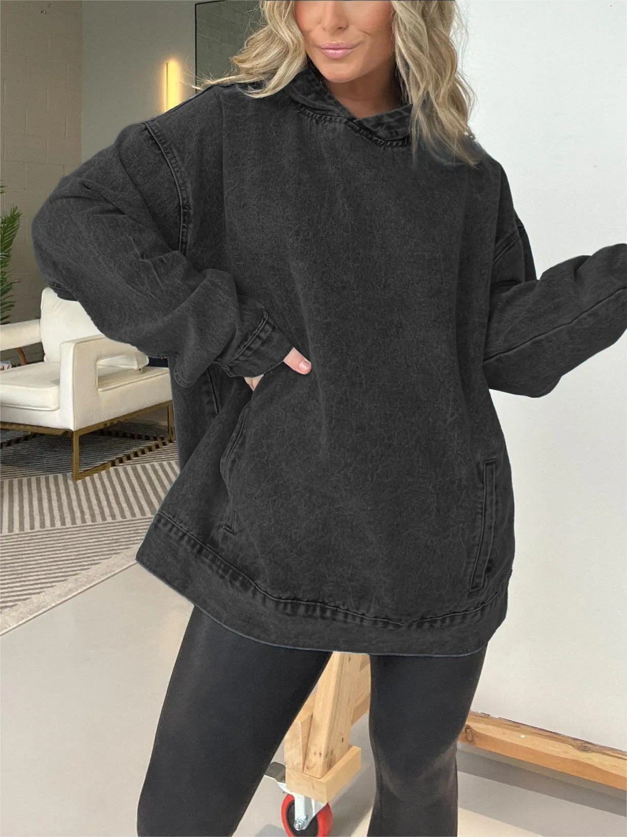 Women's Loose Hooded Denim Pullover Streetwear Hoodie