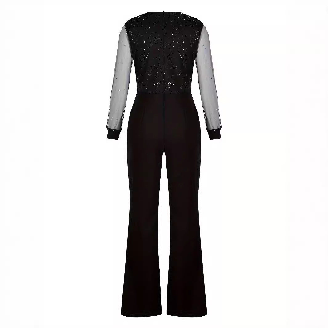 Fashion Slim-fit Solid Color V-neck Mesh Stitching High Waist Pocket Jumpsuit