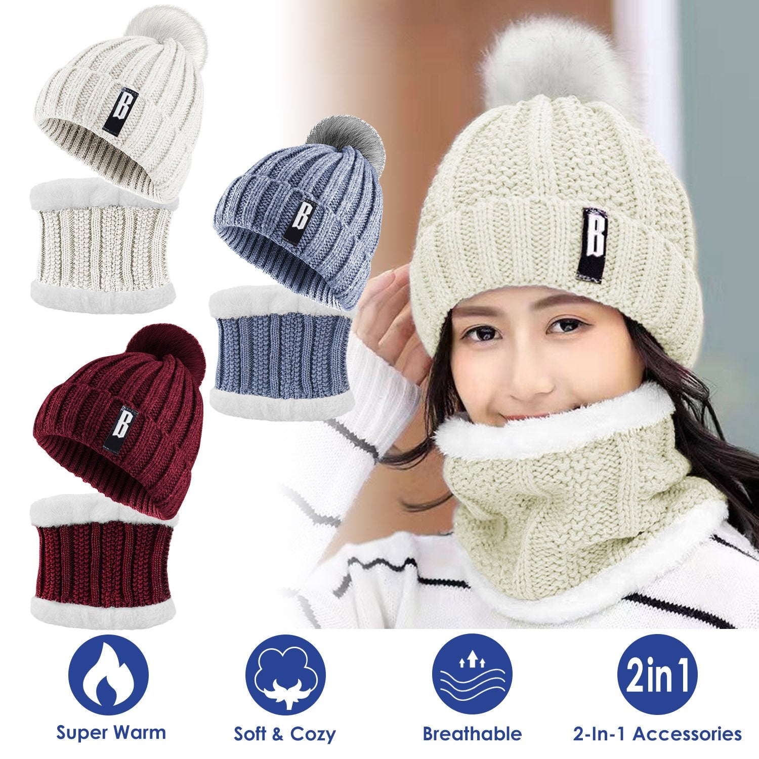 Warm Beanie and Scarf Set for Women