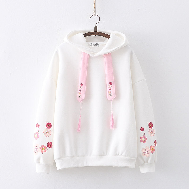 Plum Blossom Print Fleece Hooded Sweatshirt