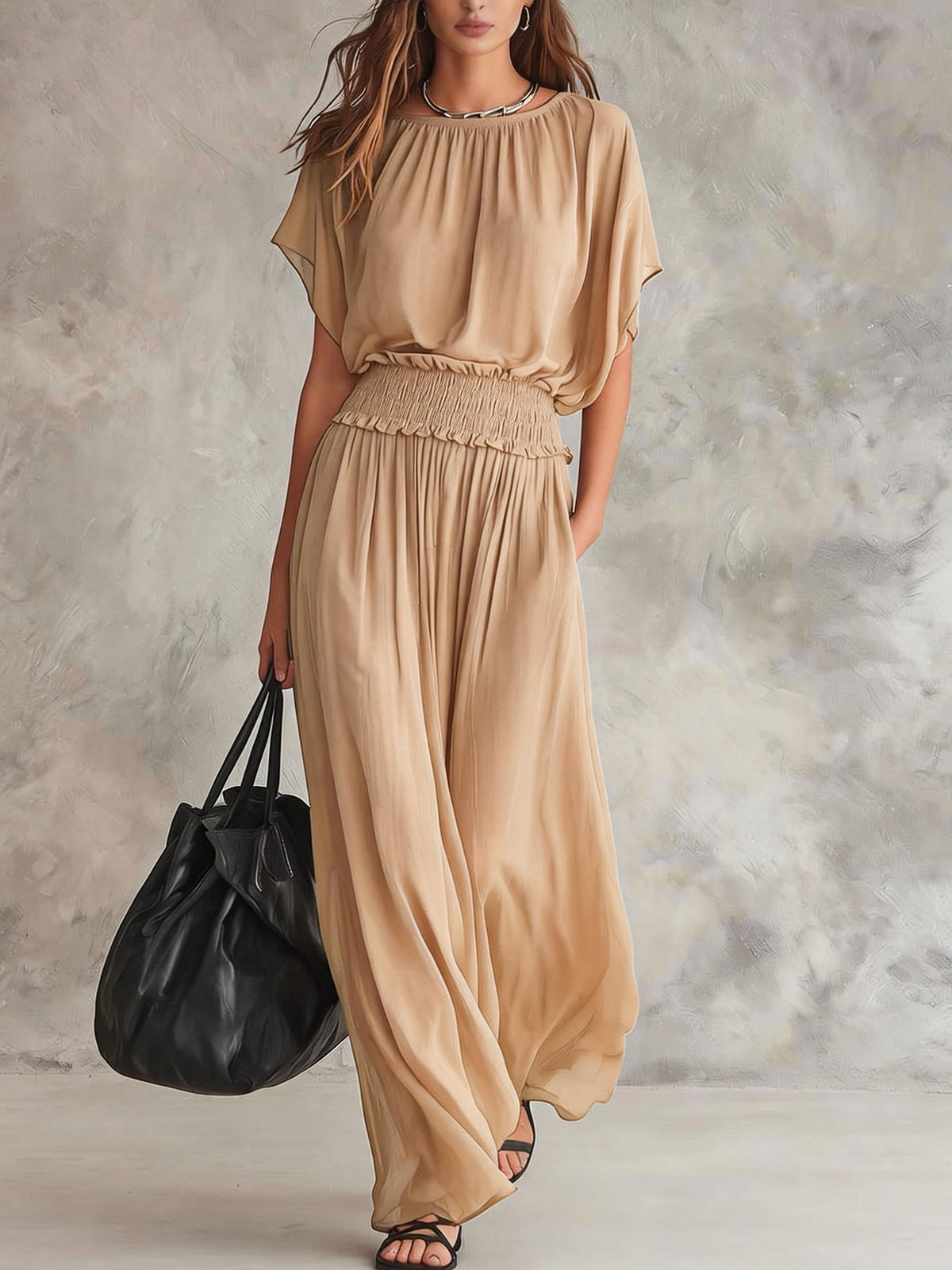 Elegant Draped Waist Flowing Summer Long Dress