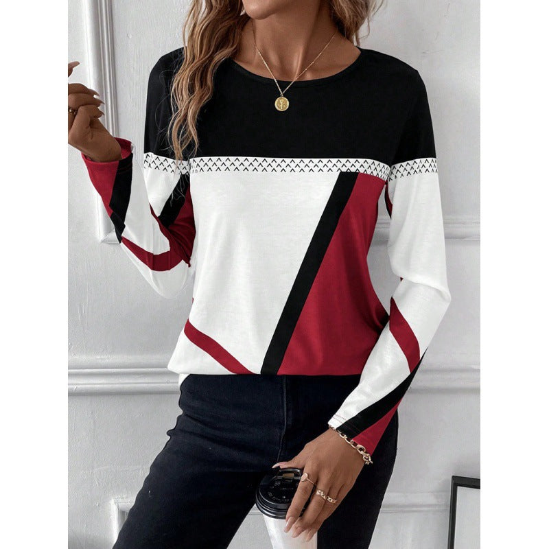 Geometric Print Contrast Stitching Pullover Top