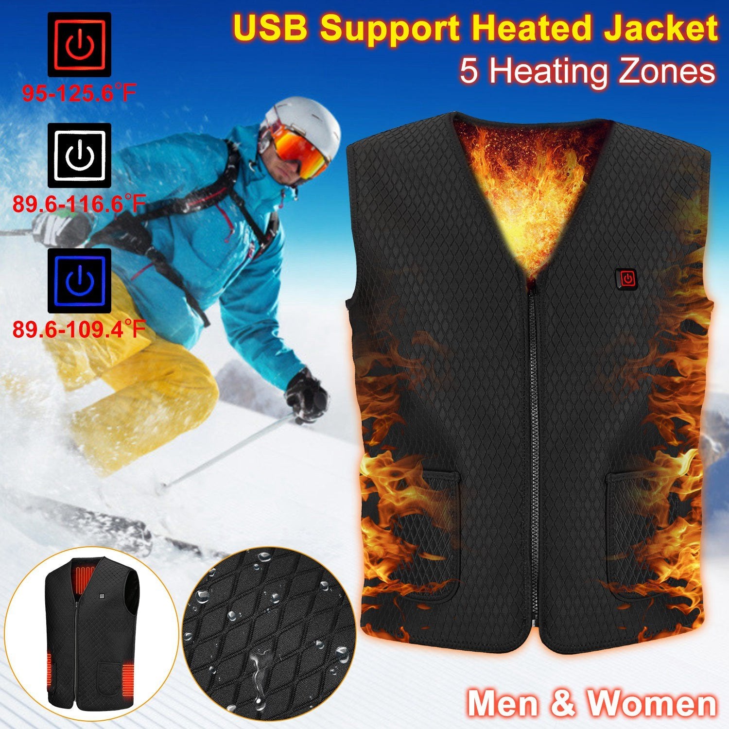 Warm Heat Vest 5 Heating Zones USB Heated Jacket Coat for Men Women Winter Outdoor
