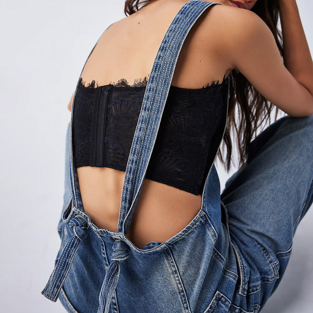 Adjustable Pocket Wide-Leg Denim Overalls Jumpsuit