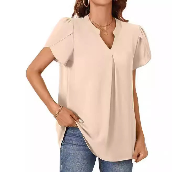 Chic V-Neck Petal Sleeve Loose Blouse for Women
