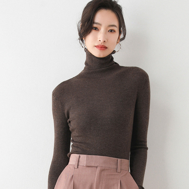 Womens Solid-color Slim-fit Knitted Bottoming Shirt