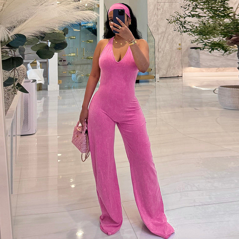 Casual Sporty Fauxwatereffect Openback Flared Jumpsuit