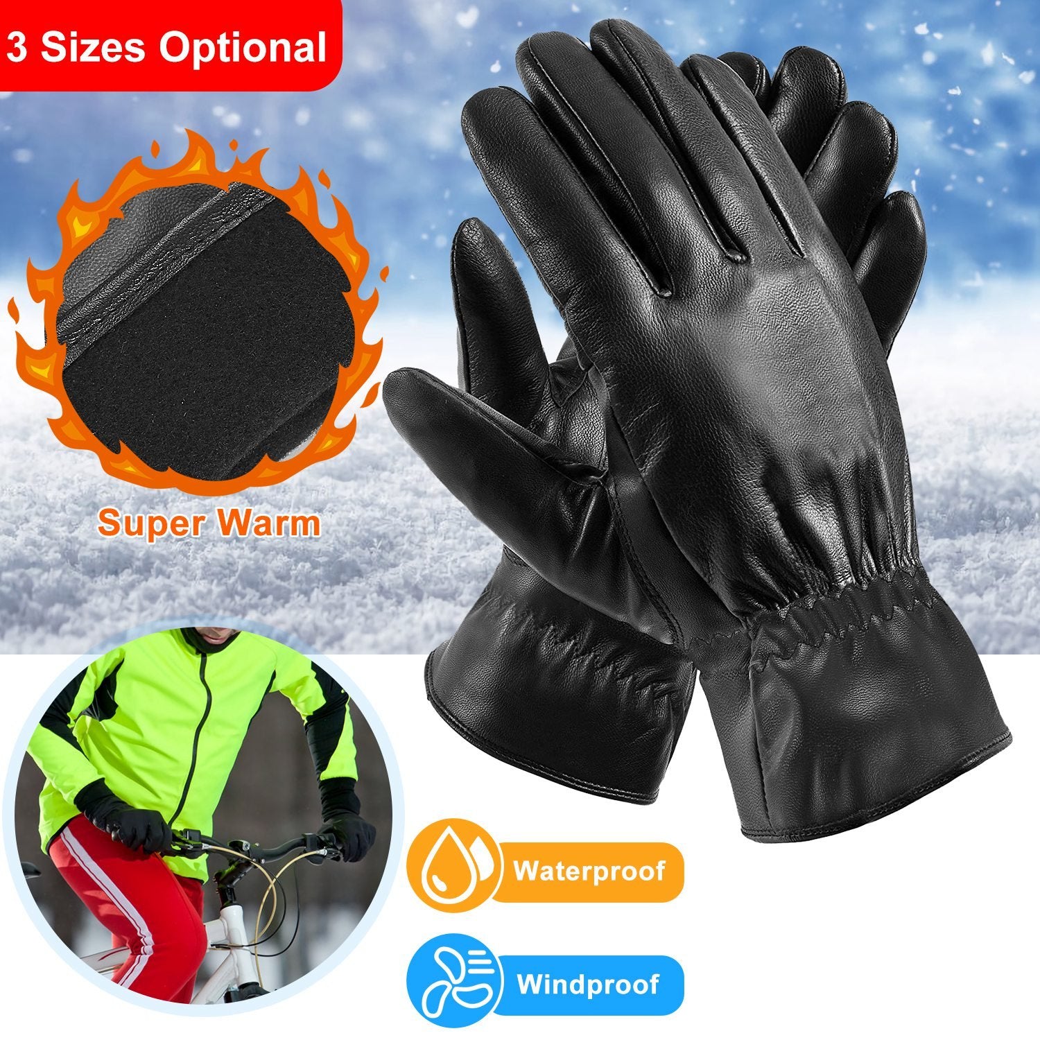 Unisex Black Leather Gloves - Warm Winter Cycling Gloves