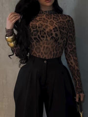 Leopard Print High Neck Diamond Long Sleeve Top