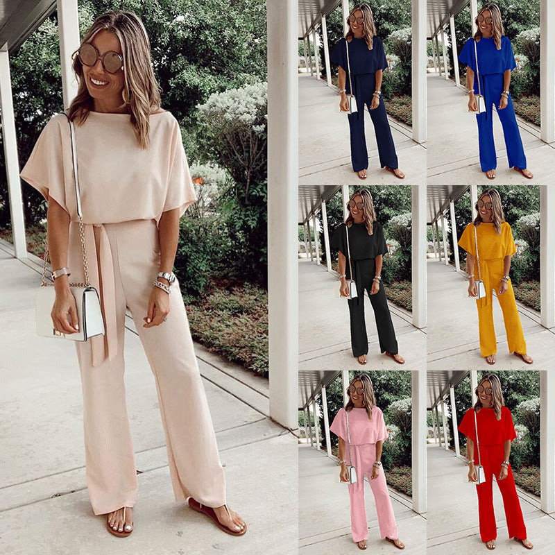 Women's Loose Casual Lace Up Jumpsuit Short Sleeve