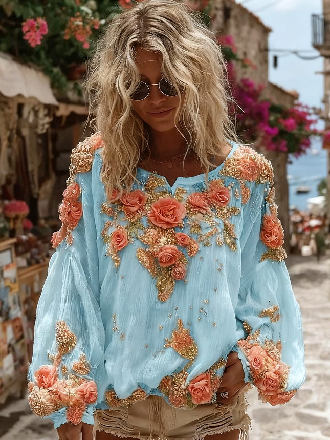 Vintage Floral Embroidery Crew Neck Shirt for Women